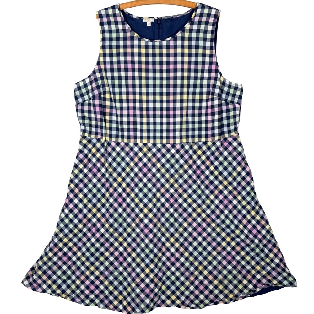 Talbots Plus 22W Sleeveless Gingham Cotton Fit & Flare Dress Navy Multi Cottage